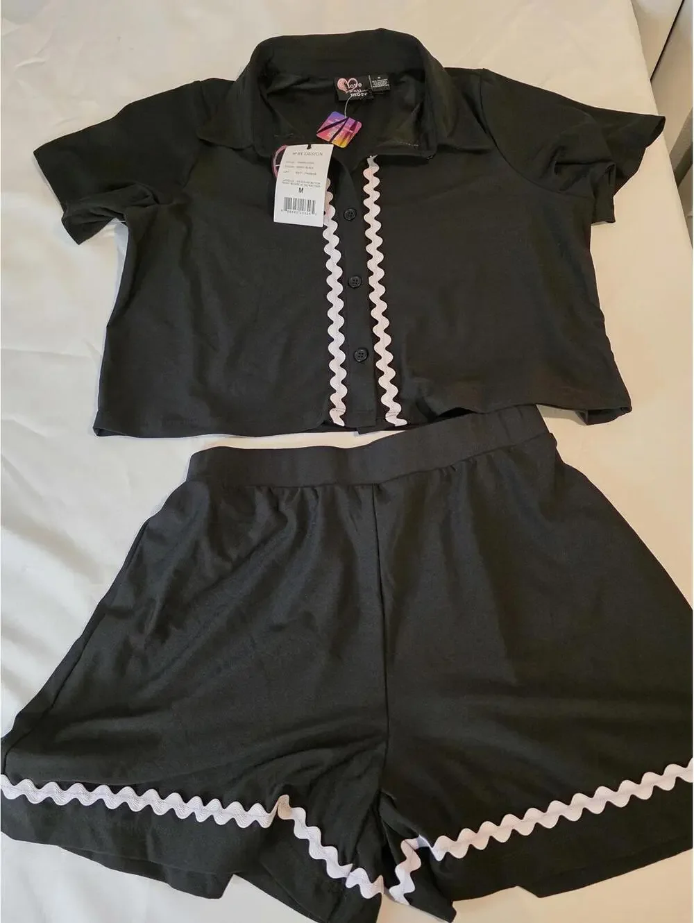 Women's 2 Piece Black PJ Short Sleeve Shirt and Shorts Set